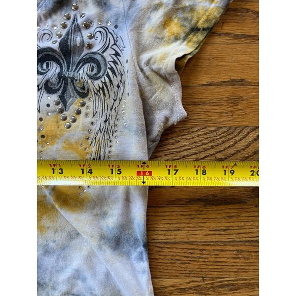 Affliction Like Yellow Gray Tie Dye Bling T Shirt Tee Top Mens Size Medium - Picture 7 of 10